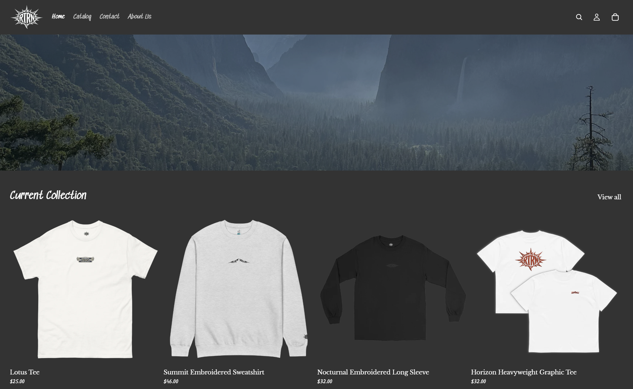 RTRN storefront home page with the Current Collection