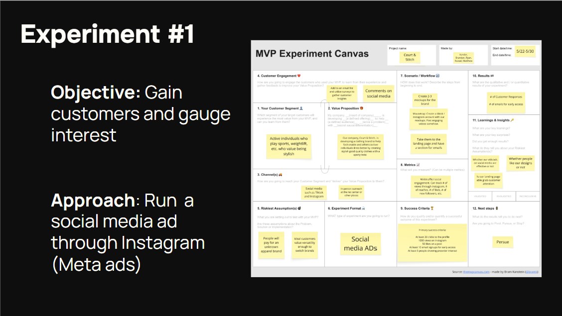 Experiment 1 objective, approach, and MVP experiment canvas