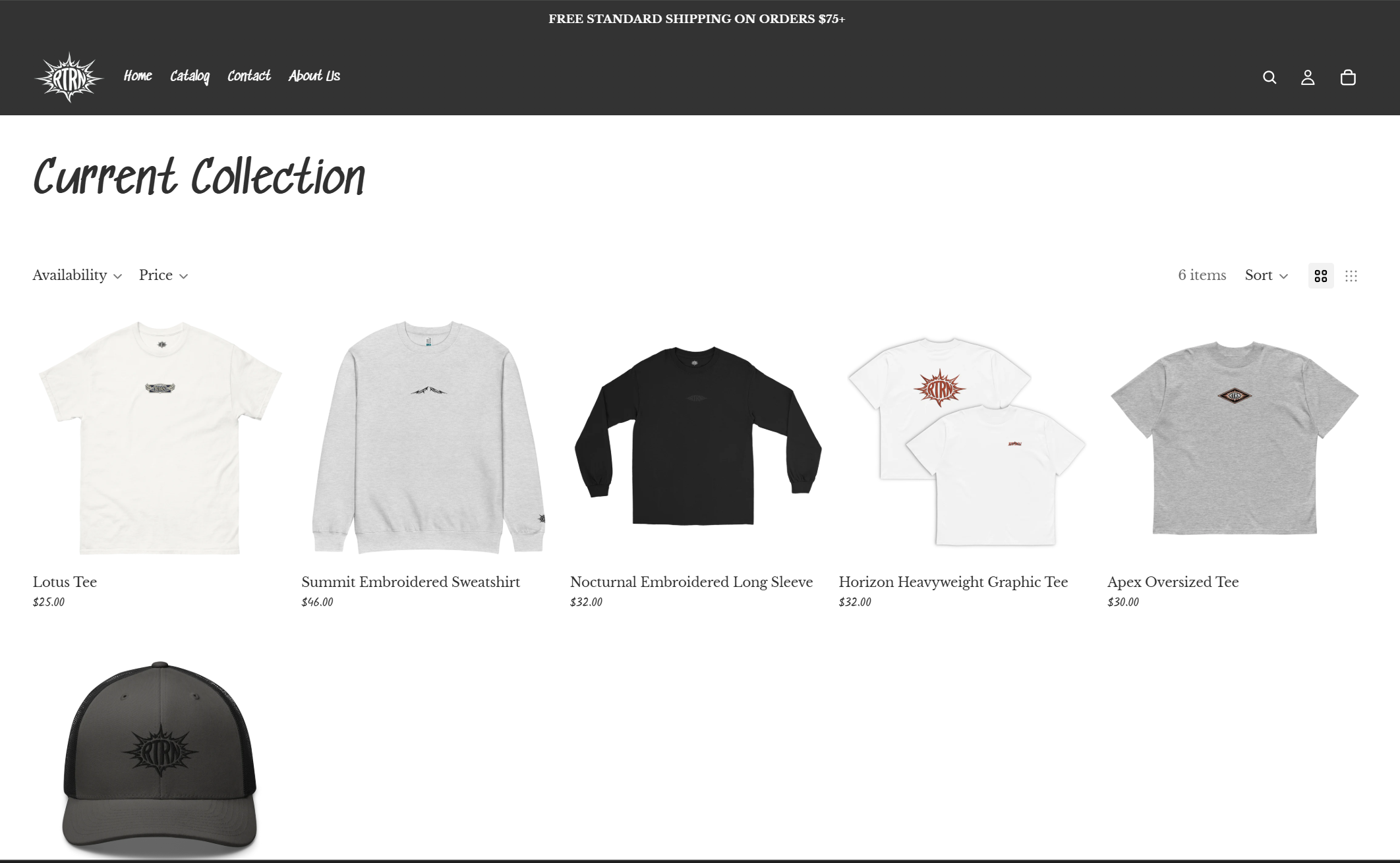 RTRN catalog page showing the six-item Current Collection