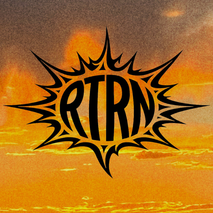 RTRN burst logo in black over an orange sunset sky